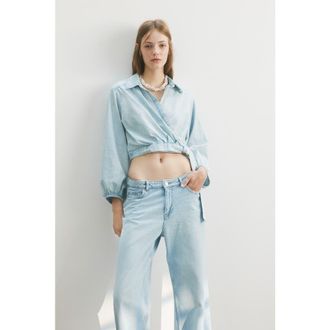 H&M Denim Wrap Blouse in Pale Denim Blue at Nordstrom, Size Xx-Large