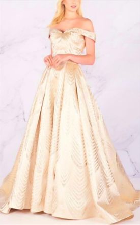 Mac Duggal Off The Shoulder Satin Ballgwon In Light Gold