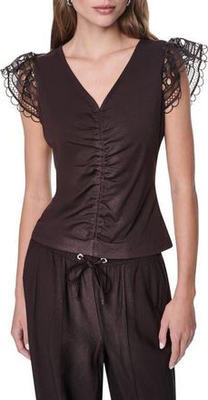 DKNY Center Ruched Lace Sleeve Cotton Blend Top in Tobacco at Nordstrom, Size X-Small