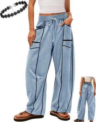 Generic Commendize Baggy Barrel Sweatpants, 2025 New Wide Leg Drawstring Commendize Barrel Pants w/Pockets & Patchwork High Waist (UK, Alpha, XXL, Regular, Re