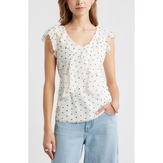 Open Edit Chiffon Ruffle Top in Ivory- Black Corner Dot at Nordstrom, Size Xx-Small