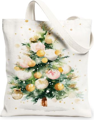 Generic Christmas Tree Canvas Tote Bags, Holiday Floral Reusable Grocery Bags, Vintage Lightweight Washable Shoulder Strap Canvas F, White, 13x15 Inch
