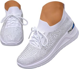 Generic Running Shoes for Women Fashion Rhinestone Sneakers Womens Orthopedic Wedge Walking Sparkly Shoes Ladies Tennis Breathable Lightweight Mesh Casual Bli