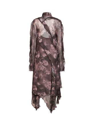 Diesel Womens Asymmetric Midi Dress D-Riadi Brown Chiffon Multicolour Viscose