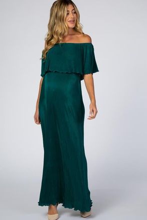 Pinkblush Pleated Ruffle Off Shoulder Maxi Dress in Forest Green at Nordstrom, Size Medium
