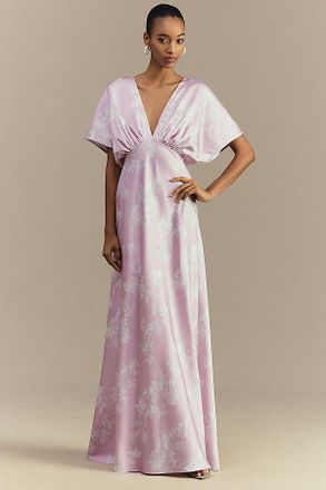 BHLDN Leila Deep-V Flutter-Sleeve Satin A-Line Gown