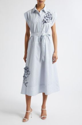 Cinq &agrave; Sept Callie Floral Appliqu&eacute; Stripe Midi Shirtdress in White Multi at Nordstrom, Size 4