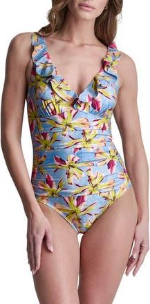 DKNY Ruffle V-Neck One-Piece Swimsuit in Calypso Floral Light Blue at Nordstrom Rack, Size X-Large