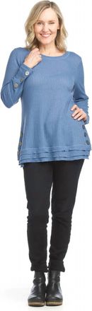 Papillon Waffle Top With Button Detail In Dark Blue Denim
