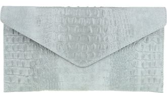 Girly HandBags Womens Genuine Suede Italian Leather Envelope Croc Clutch Bag Wrist Strap (Light Grey)