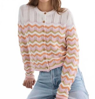 Autumn Cashmere Boxy Zig Zag Stitch Crew Neck Cardigan In Latte Combo