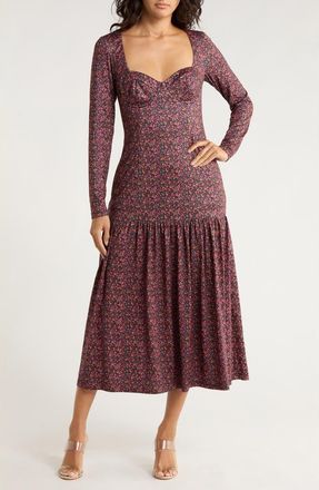 Hutch Chase Long Sleeve Midi Tiered Dress in Black Multi Extra Ditsy Garden at Nordstrom Rack, Size Xx-Small