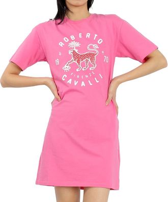 Roberto Cavalli Ladies Pink Lucky Leopard Print T-shirt Cotton Dress, Size X-Small