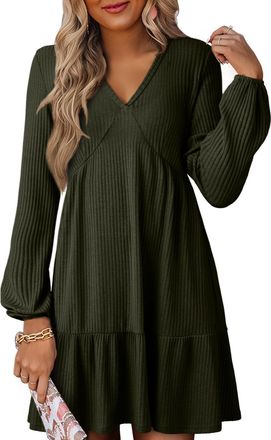 Dokotoo Womens Long Sleeve Dresses Casual V-Neck Dress for Women Fashion Elegant Empire Waist A Line Swing Womens Outfits Ribbed Knitted Elastic Autumn Ladies