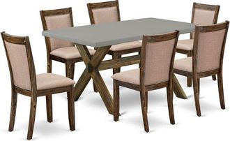 East West Furniture 7 Piece Contemporary Modern Dining Set - A Cement Top Dinner Table with Trestle Base and 6 Dark Khaki Linen Fabric Dining Room Chairs