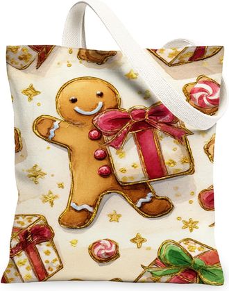 Generic Gingerbread Man Canvas Tote Bag, Holiday Gift Pattern Reusable Grocery Bags, Christmas Cheer Lightweight Washable Shoulder, Brown, 13x15 Inch