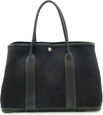 Herm&egrave;s Garden Black Toile Officier Leather Handbag Tote Bag (Pre-Owned)