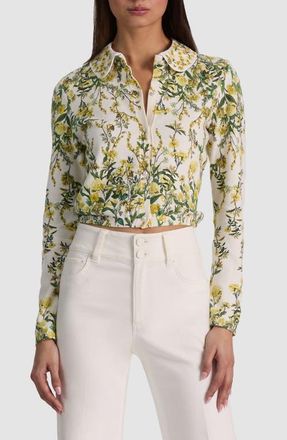 Alice & Olivia Carson Floral Cotton Blend Cardigan with Removable Collar in Fresh Air Butter at Nordstrom, Size X-Large