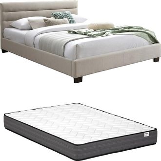 Vente-Unique Cama 160 x 200 cm - Tela - Beige + Colch&oacute;n - FAUSTIN
