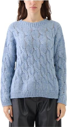 Le Tricot Perugia Gevlochten en met pailletten versierde trui met ronde hals - Dames - Ronde hals truien - Blauw - S - Pailletten - Truien & Vesten
