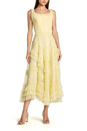 Mac Duggal Scoop Neck Sleeveless Mesh Micro Ruffle Midi Dress in Buttercup at Nordstrom, Size 12