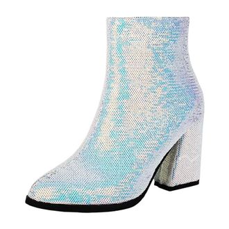Generic Womens Dressy Ankle Boots Pointed Toe Super High Thick Heel Platform With Side Zipper And Bling Glitter Upper