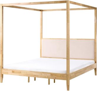 Beliani Canopy Bed Light Brown Beige Upholstered Heaboard Wooden EU Super King Size 6ft Minimalist Design HAILLICOURT