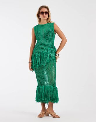Asos Gonna traforata verde con fondo con frange in coordinato-Nero
