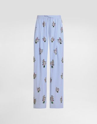 Dolce & Gabbana Striped Poplin Trousers With Crystal Flower Embroidery - Woman Pants And Shorts Multi-colored 44