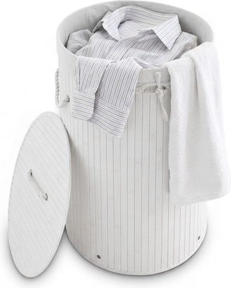 Relaxdays Relaxdays - 2 Cestos Ropa Sucia Con Tapa, Redondo, Cubo Colada, Canasta Plegable, Bamb&uacute;, 70 L, &Oslash; 41 Cm, Blanco