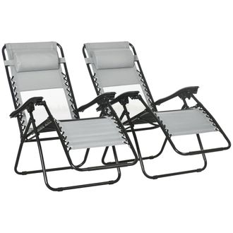 OUTSUNNY Foldable Garden Recliner Chair Set of 2 w/ Footstool & Headrest - Grey | TJ Hughes