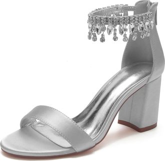 Generic Wedding Shoes Bridal Block Heel Wedding Sandals Satin Prom Party Dress Pumps Open Toe Bridal Shoes Wedding Heels 8Cm,Silver,10 UK