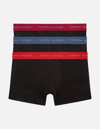 Tommy Hilfiger Mens 3-Pack Signature Cotton Boxer Trunks, Black w/ burgundy/red/blue - Size: 37/36/32