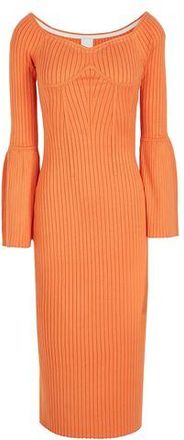 8 by YOOX VISCOSE BLEND OFF SHOULDER RIBBED KNIT MIDI DRESS