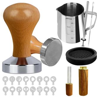 OEM Apisonador De Caf&eacute; Expreso De 51 Mm. Kit De 21 Accesorios Para Cafeteras, Que Incluye Jarra De Leche, Tapete, Plantillas, Agitador Y Herramientas De B