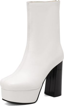Generic Womens PU Leather Ankle Boots with Side Zipper Chunky High Heel Platform Boots Square Toe Casual Boot,White,10.5 UK