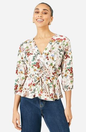 Yumi Viscose Botanical Print Wrap Top in Ivory at Nordstrom, Size 12