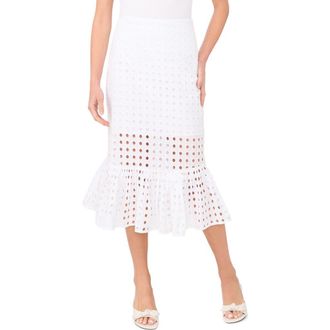 CeCe by Cynthia Steffe Eyelet Ruffle Hem Cotton Midi Skirt in Ultra White at Nordstrom, Size 12