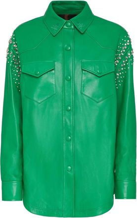 Philipp Plein Overhemden, Dames, Groen, XS, Leer, Oversize Leren Shirt Crystal