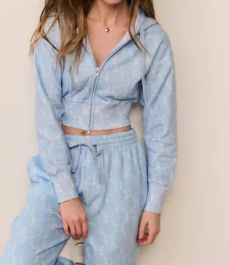 LoveShackFancy Arienne Cropped Zip Hoodie In Chilled Blue