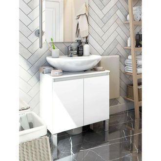 Dmora Dmora - Mobile sottolavabo Rodna, Mobiletto da bagno, Contenitore porta lavabo, Armadio per lavandino, 60x40 h64 cm, Bianco lucido