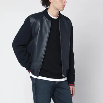 Gucci Navy blue nappa leather and knit bomber jacket
