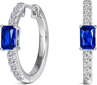 MAX + STONE 925 Sterling Silver Emerald Cut Round Gemstone Hoop Earrings with Cubic Zirconia