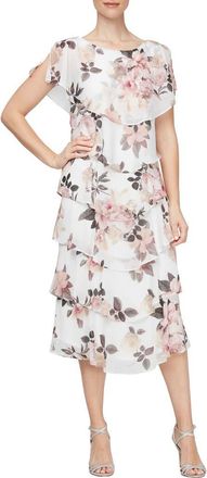 S.L. Fashions Floral Capelet Tiered Midi Dress in Ivory/Pink at Nordstrom, Size 14P