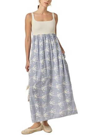 English Factory Sleeveless Tie Back Mixed Media Midi Dress in Blue/White at Nordstrom, Size X-Small