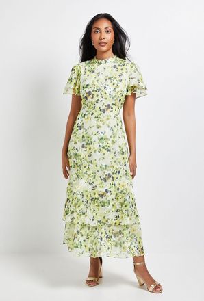 Wallis Womens Petite Floral Burn Out Ruffle Midi Dress - Yellow - Size 16 UK