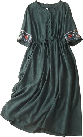Generic Todays Offers Special Deals Women Summer Dress Womens Cotton Linen Dresses Summer Embroidered Sleeve A Line Comfy Cotton Maxi Dress Trendy Party Dress