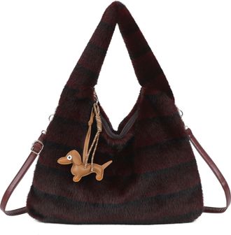 Generic Womens Fluffy Faux Fur Hobo Shoulder Bag with Detachable Dog Charm - Soft Plush Handbag with Long Strap, Top Zip Closure & Gold Tone (Wine)