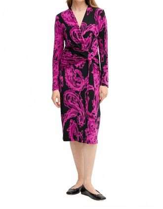 Joseph Ribkoff Paisley Print Faux Wrap Sheath Dress In Black/cosmos
