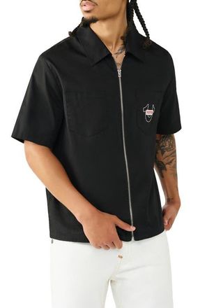 True Religion Buddha Graphic Short Sleeve Zip-Up Shirt in Black at Nordstrom, Size Xx-Large
